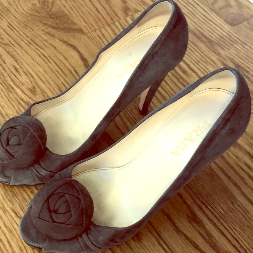 Prada peeptoe suede pumps
